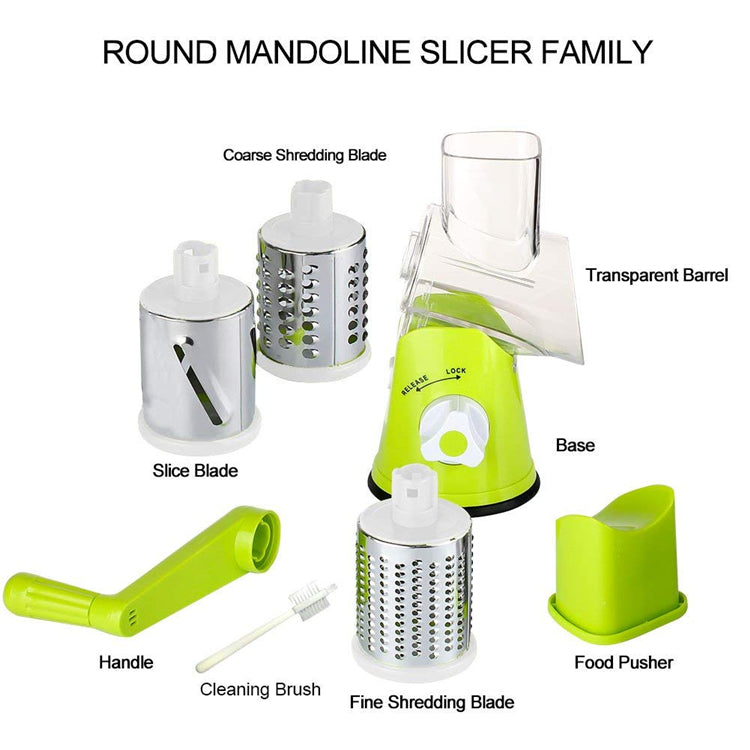 Manual Rotary Vegetable Slicer, Cutter, Chopper with 3 Sharp Stainless Steel Drums