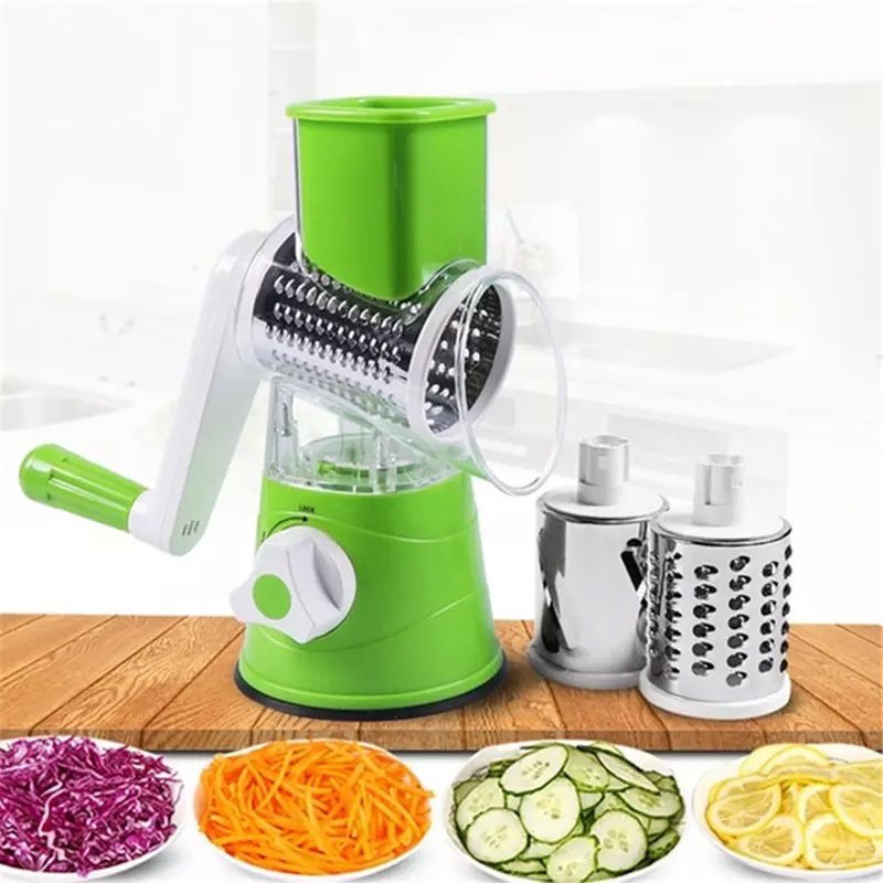 Manual Rotary Vegetable Slicer, Cutter, Chopper with 3 Sharp Stainless Steel Drums